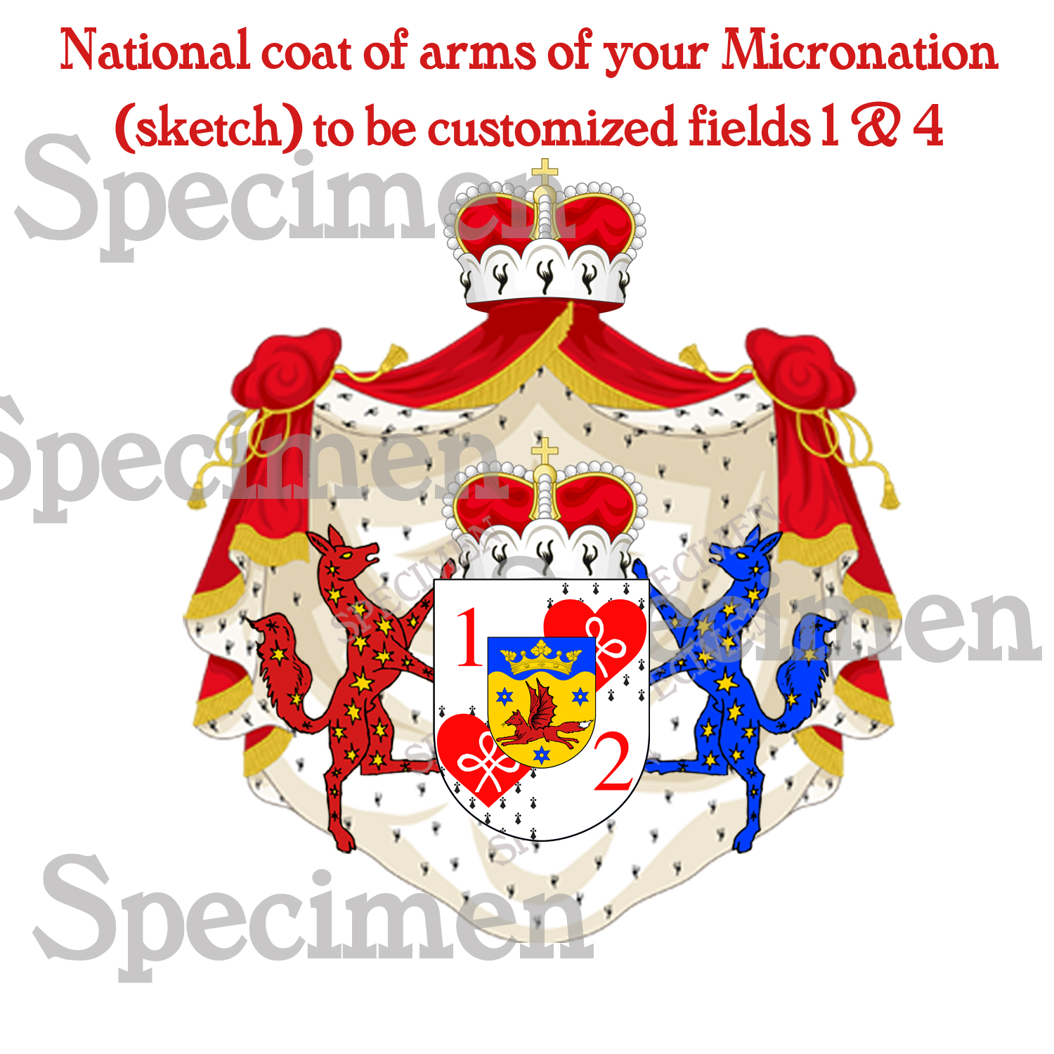 For Sale: the whole set! Micronational dynastic house name, dynastic arms, national arms, royal seal and royal standard.